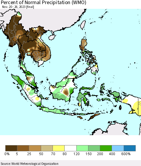 South East Asia Percent of Normal Precipitation (WMO) Thematic Map For 11/20/2023 - 11/26/2023