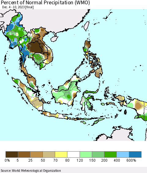 South East Asia Percent of Normal Precipitation (WMO) Thematic Map For 12/4/2023 - 12/10/2023