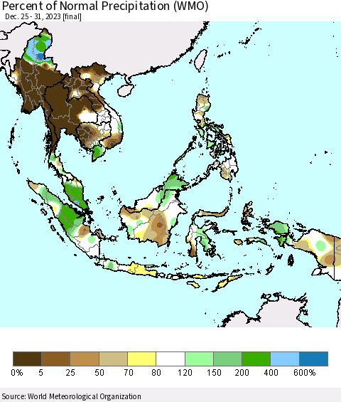 South East Asia Percent of Normal Precipitation (WMO) Thematic Map For 12/25/2023 - 12/31/2023