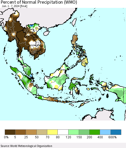 South East Asia Percent of Normal Precipitation (WMO) Thematic Map For 1/1/2024 - 1/7/2024