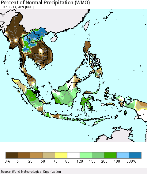 South East Asia Percent of Normal Precipitation (WMO) Thematic Map For 1/8/2024 - 1/14/2024