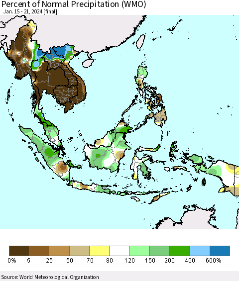 South East Asia Percent of Normal Precipitation (WMO) Thematic Map For 1/15/2024 - 1/21/2024