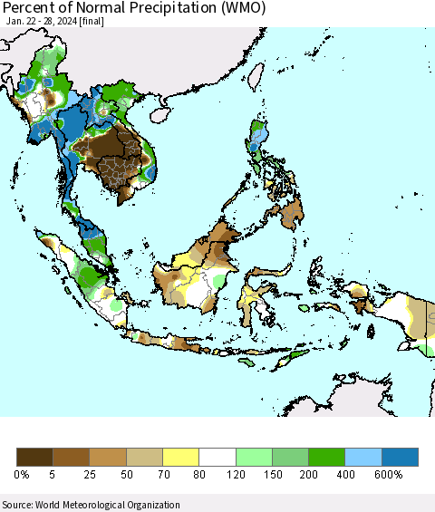 South East Asia Percent of Normal Precipitation (WMO) Thematic Map For 1/22/2024 - 1/28/2024