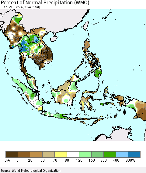 South East Asia Percent of Normal Precipitation (WMO) Thematic Map For 1/29/2024 - 2/4/2024
