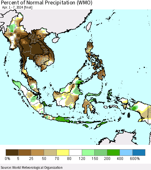 South East Asia Percent of Normal Precipitation (WMO) Thematic Map For 4/1/2024 - 4/7/2024