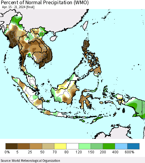 South East Asia Percent of Normal Precipitation (WMO) Thematic Map For 4/15/2024 - 4/21/2024