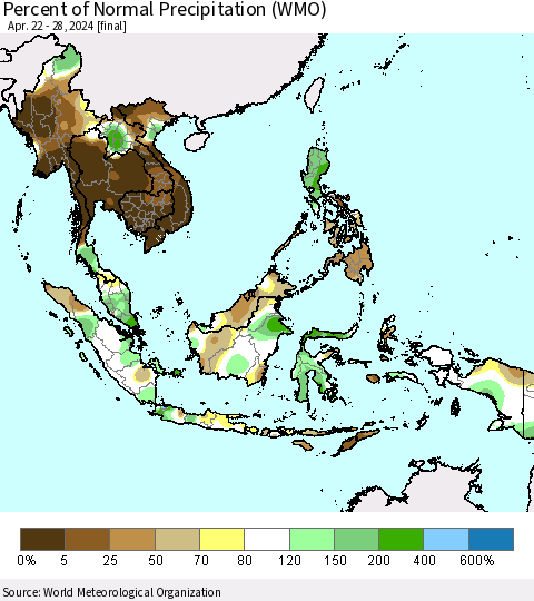South East Asia Percent of Normal Precipitation (WMO) Thematic Map For 4/22/2024 - 4/28/2024