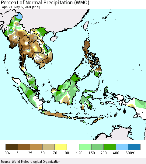 South East Asia Percent of Normal Precipitation (WMO) Thematic Map For 4/29/2024 - 5/5/2024