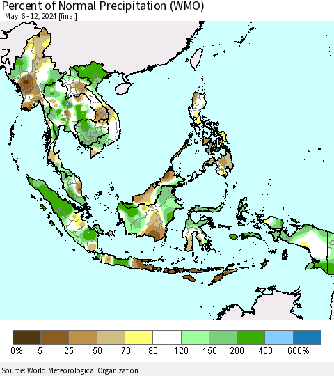 South East Asia Percent of Normal Precipitation (WMO) Thematic Map For 5/6/2024 - 5/12/2024