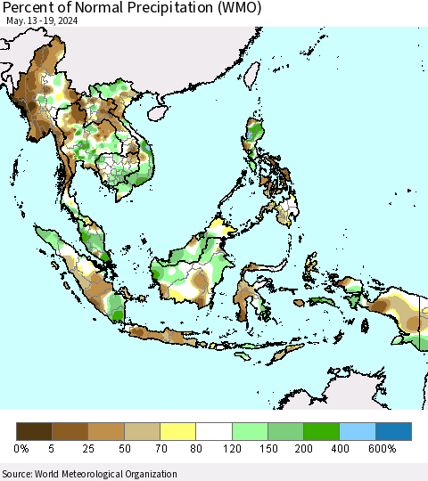 South East Asia Percent of Normal Precipitation (WMO) Thematic Map For 5/13/2024 - 5/19/2024