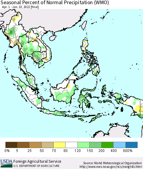 South East Asia Seasonal Percent of Normal Precipitation (WMO) Thematic Map For 4/1/2021 - 1/10/2022