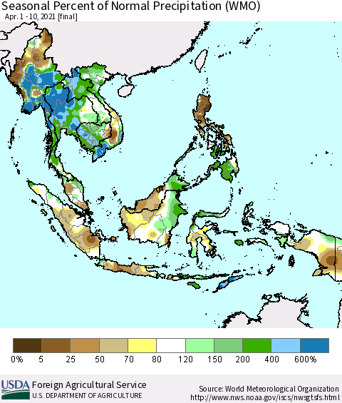 South East Asia Seasonal Percent of Normal Precipitation (WMO) Thematic Map For 4/1/2021 - 4/10/2021