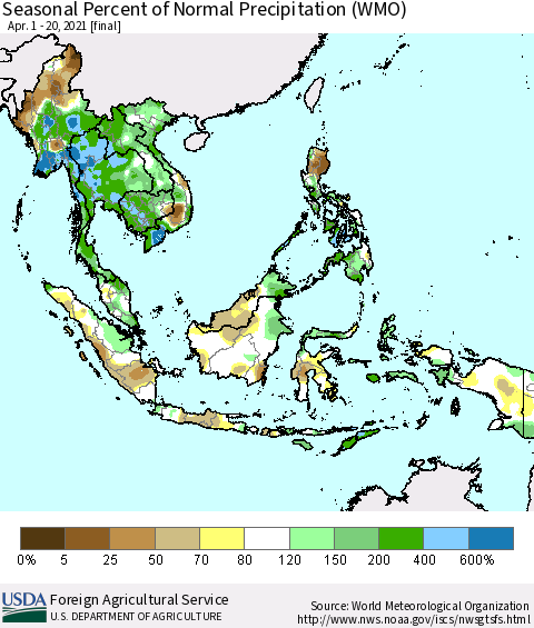 South East Asia Seasonal Percent of Normal Precipitation (WMO) Thematic Map For 4/1/2021 - 4/20/2021