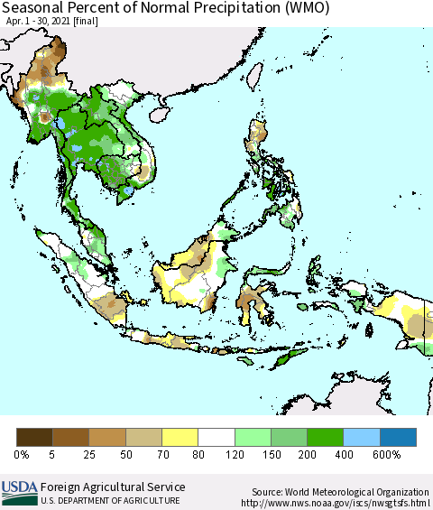 South East Asia Seasonal Percent of Normal Precipitation (WMO) Thematic Map For 4/1/2021 - 4/30/2021