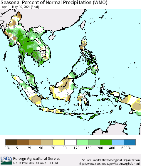 South East Asia Seasonal Percent of Normal Precipitation (WMO) Thematic Map For 4/1/2021 - 5/10/2021