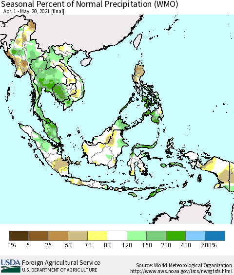 South East Asia Seasonal Percent of Normal Precipitation (WMO) Thematic Map For 4/1/2021 - 5/20/2021