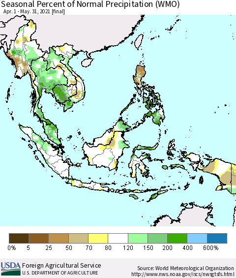 South East Asia Seasonal Percent of Normal Precipitation (WMO) Thematic Map For 4/1/2021 - 5/31/2021