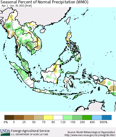South East Asia Seasonal Percent of Normal Precipitation (WMO) Thematic Map For 4/1/2021 - 6/30/2021