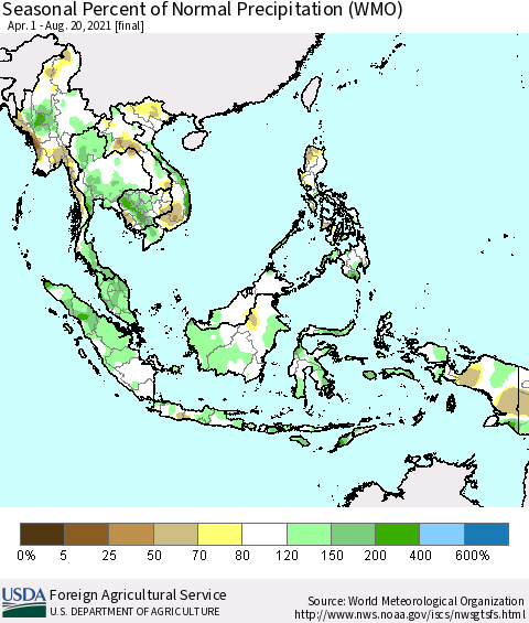 South East Asia Seasonal Percent of Normal Precipitation (WMO) Thematic Map For 4/1/2021 - 8/20/2021