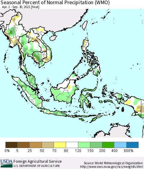 South East Asia Seasonal Percent of Normal Precipitation (WMO) Thematic Map For 4/1/2021 - 9/30/2021