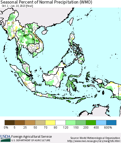 South East Asia Seasonal Percent of Normal Precipitation (WMO) Thematic Map For 10/1/2022 - 1/10/2023