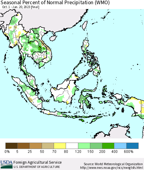 South East Asia Seasonal Percent of Normal Precipitation (WMO) Thematic Map For 10/1/2022 - 1/20/2023