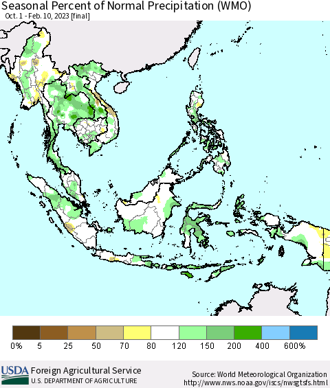 South East Asia Seasonal Percent of Normal Precipitation (WMO) Thematic Map For 10/1/2022 - 2/10/2023