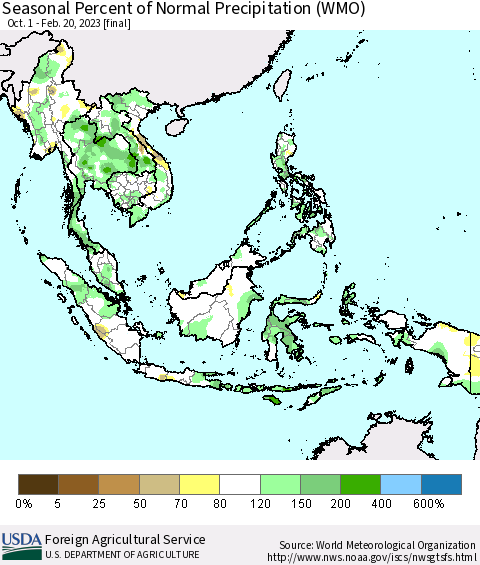South East Asia Seasonal Percent of Normal Precipitation (WMO) Thematic Map For 10/1/2022 - 2/20/2023