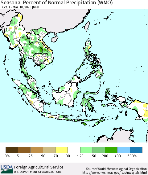 South East Asia Seasonal Percent of Normal Precipitation (WMO) Thematic Map For 10/1/2022 - 3/10/2023