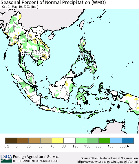 South East Asia Seasonal Percent of Normal Precipitation (WMO) Thematic Map For 10/1/2022 - 5/10/2023