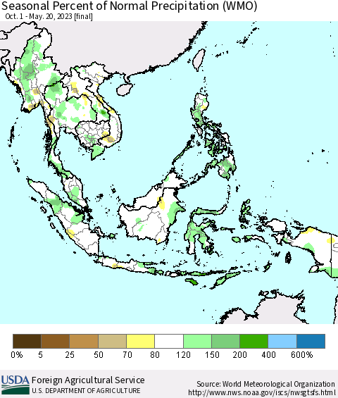 South East Asia Seasonal Percent of Normal Precipitation (WMO) Thematic Map For 10/1/2022 - 5/20/2023