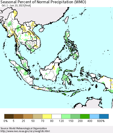 South East Asia Seasonal Percent of Normal Precipitation (WMO) Thematic Map For 10/1/2022 - 6/10/2023
