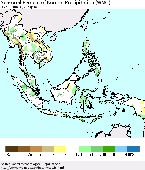South East Asia Seasonal Percent of Normal Precipitation (WMO) Thematic Map For 10/1/2022 - 6/30/2023