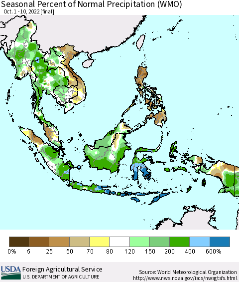 South East Asia Seasonal Percent of Normal Precipitation (WMO) Thematic Map For 10/1/2022 - 10/10/2022