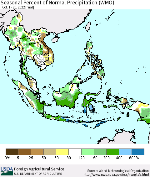 South East Asia Seasonal Percent of Normal Precipitation (WMO) Thematic Map For 10/1/2022 - 10/20/2022