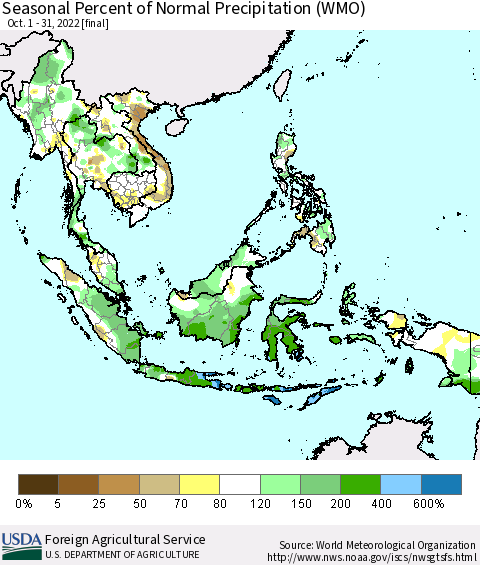 South East Asia Seasonal Percent of Normal Precipitation (WMO) Thematic Map For 10/1/2022 - 10/31/2022