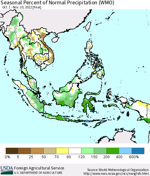 South East Asia Seasonal Percent of Normal Precipitation (WMO) Thematic Map For 10/1/2022 - 11/10/2022
