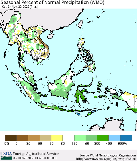 South East Asia Seasonal Percent of Normal Precipitation (WMO) Thematic Map For 10/1/2022 - 11/20/2022