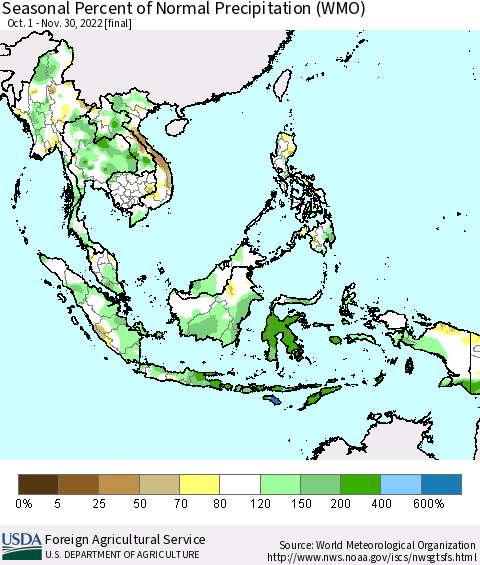 South East Asia Seasonal Percent of Normal Precipitation (WMO) Thematic Map For 10/1/2022 - 11/30/2022