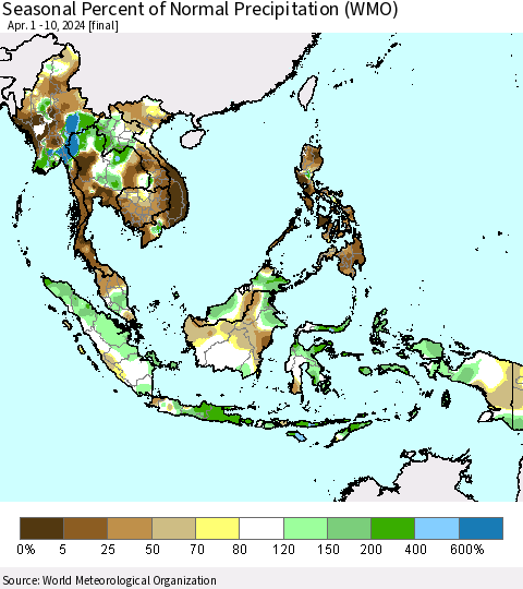 South East Asia Seasonal Percent of Normal Precipitation (WMO) Thematic Map For 4/1/2024 - 4/10/2024