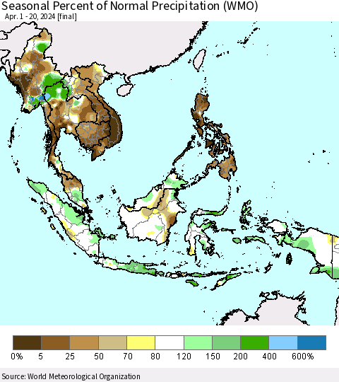 South East Asia Seasonal Percent of Normal Precipitation (WMO) Thematic Map For 4/1/2024 - 4/20/2024