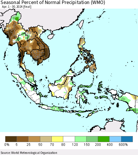 South East Asia Seasonal Percent of Normal Precipitation (WMO) Thematic Map For 4/1/2024 - 4/30/2024