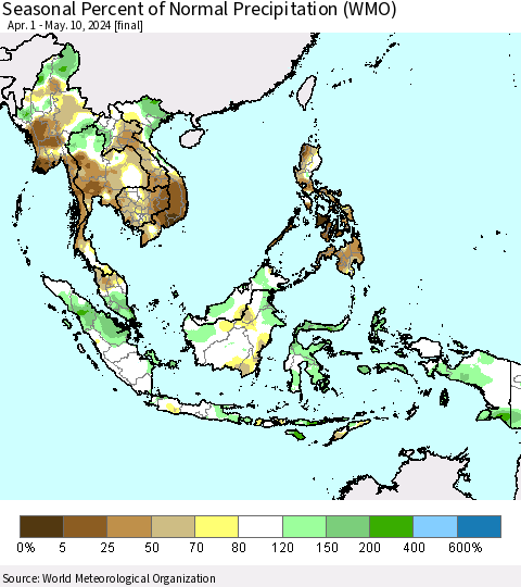 South East Asia Seasonal Percent of Normal Precipitation (WMO) Thematic Map For 4/1/2024 - 5/10/2024