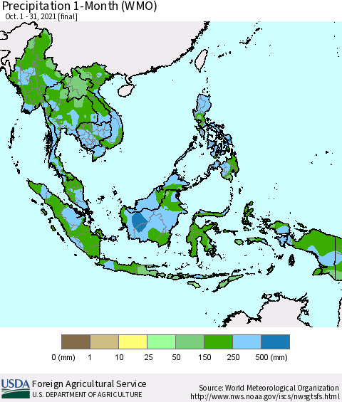 South East Asia Precipitation 1-Month (WMO) Thematic Map For 10/1/2021 - 10/31/2021