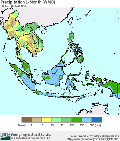 South East Asia Precipitation 1-Month (WMO) Thematic Map For 1/1/2022 - 1/31/2022