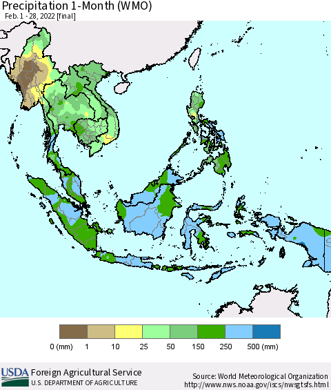 South East Asia Precipitation 1-Month (WMO) Thematic Map For 2/1/2022 - 2/28/2022