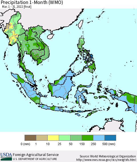 South East Asia Precipitation 1-Month (WMO) Thematic Map For 3/1/2022 - 3/31/2022