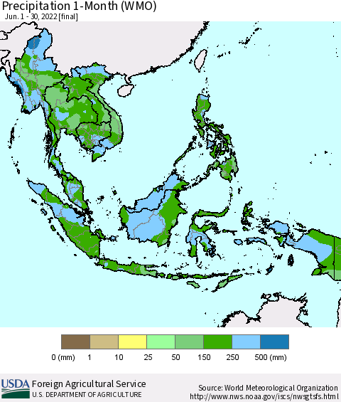South East Asia Precipitation 1-Month (WMO) Thematic Map For 6/1/2022 - 6/30/2022