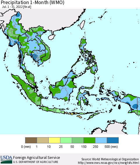 South East Asia Precipitation 1-Month (WMO) Thematic Map For 7/1/2022 - 7/31/2022