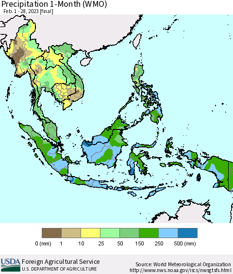 South East Asia Precipitation 1-Month (WMO) Thematic Map For 2/1/2023 - 2/28/2023